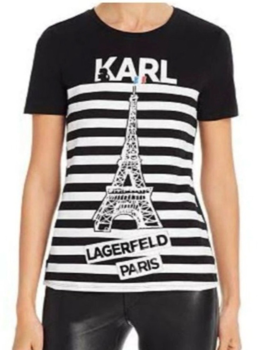 Karl Lagerfeld Paris Eiffel Tower Black and White Striped T-Shirt Tee XS